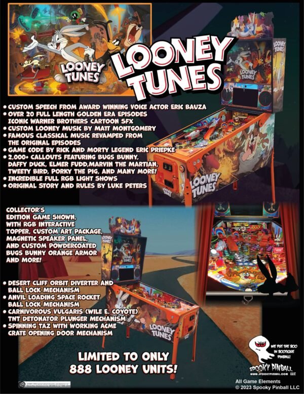Looney Tunes pinball machine, Looney Tunes Collectors Edition pinball, Spooky Pinball Looney Tunes, Butter Cabinet pinball machine, Limited edition Looney Tunes pinball, Buy Looney Tunes pinball machine, Looney Tunes pinball machine for sale, Spooky Pinball for sale, Collectors edition pinball machine price, Limited run pinball machines in stock, How much is the Looney Tunes Collectors pinball, Best Warner Bros. themed pinball machines, Spooky Pinball vs. Stern Pinball, Rarest Spooky Pinball machines,